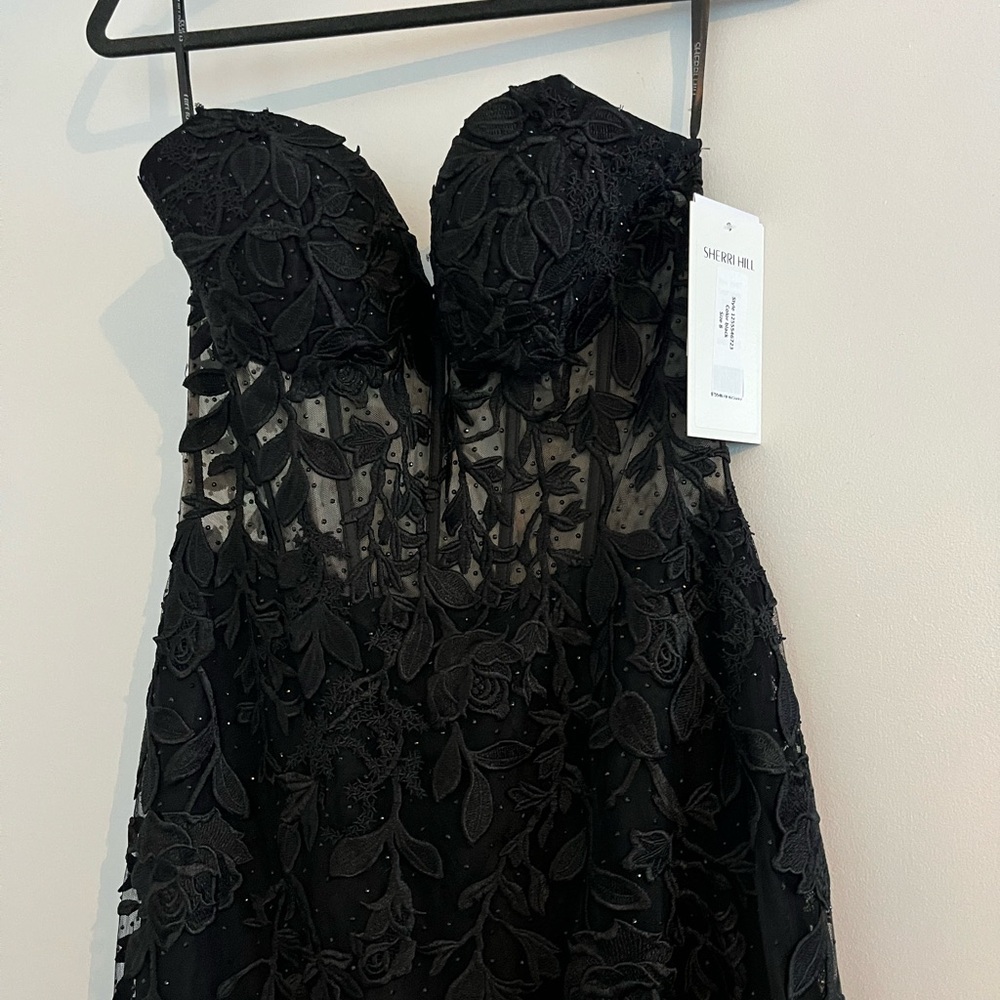 Sherri Hill Black Strapless Tulle Overlay Evening Dress